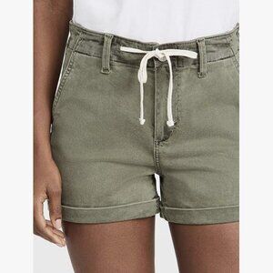 PAIGE “Harper” Utility Green Denim Drawstring Shorts | Rolled Hem – Size 25